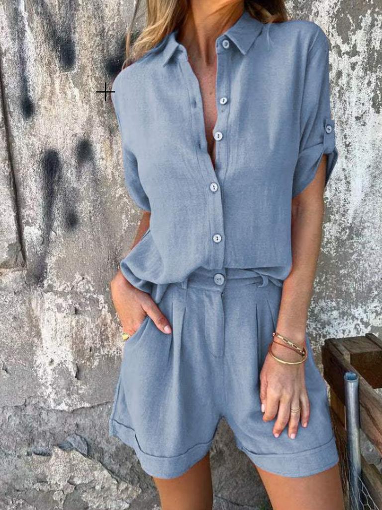 Summer New Cotton Linen Short Sleeve Shorts Set for Women