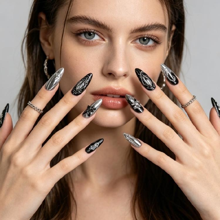 DIY Manicure Set Press On Manicure In Gothic Black Silver, Long Almond Shape, 12 Sizes, Adhesive Tabs and File for Dress-Up Looks At Home