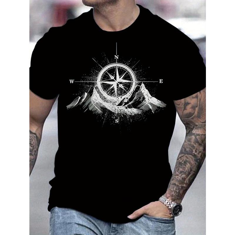 Men s Casual Short Sleeve T-Shirt With Mountain Range Print, Breathable, Round Neck, Summer Wear S