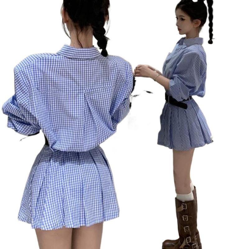 Women's Preppy Plaid Shirt Dress: Blue & White, Long Sleeve, Padded Shoulder, A-line, High Waist, Pleated, Early Autumn