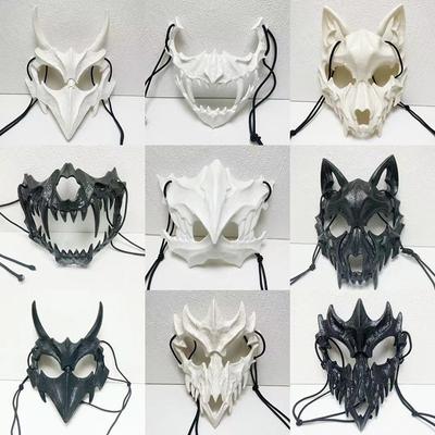 Kaukolės Kaukė Vakarėliui Ilgais Dantimis Demono Skeleto Pusės Veido Kaukė Vilko Drakono Tigro Houjuu Nue Kaukė Cosplay Helovino Kostiumo Rekvizitai