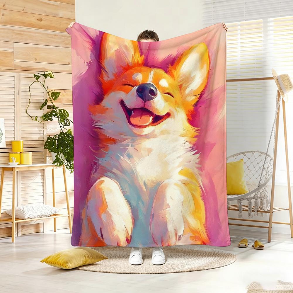 Cute Cartoon Calming Anima Corgi Throw Lightweight 240g Flannel Blanket Soft Skin-friendly for Summer Cooling