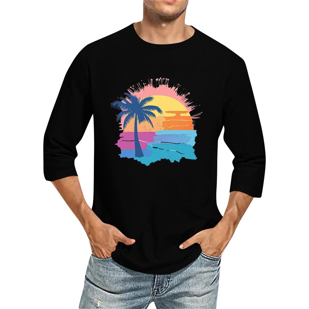 Jednobarevné pánské tričko s kulatým výstřihem a tříčtvrtečním rukávem