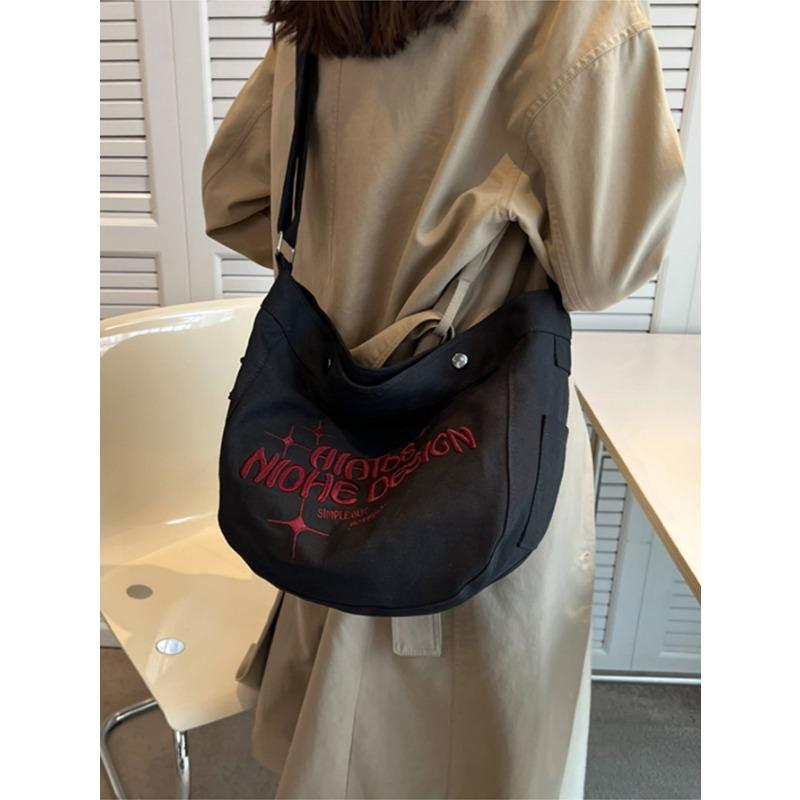 Simple Canvas Bag Large Capacity Shoulder Bag Women's Embroidered Tote Bag Bucket Bag
