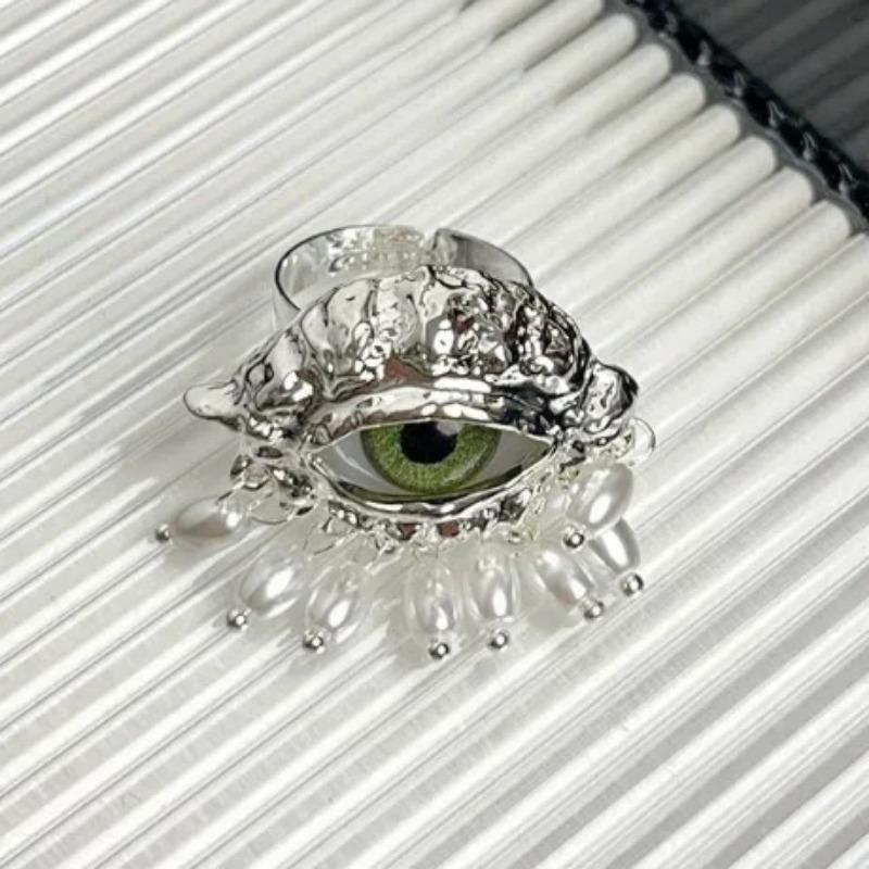 Aesthetic Vintage Devil's Eye Ring Tassels Imitated Pearl Glaze Ring Trendy Delicate Opening Finger Ring Party Favors