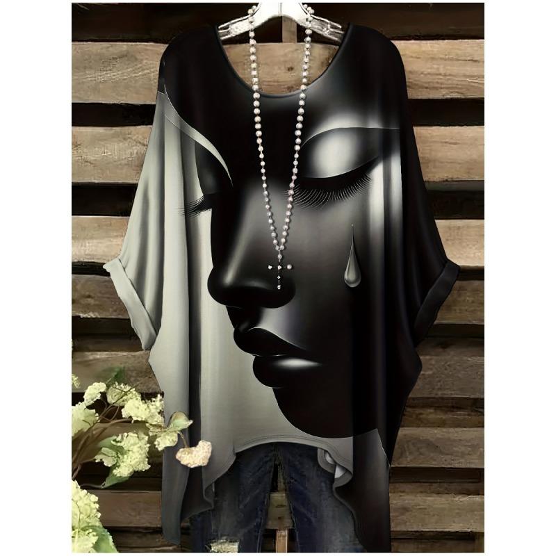 Women s Clothing Casual Elegant Comfortable Crew Neck Short Sleeve T-Shirt Tearful Dream Portrait Print Comfortable Pulovers L