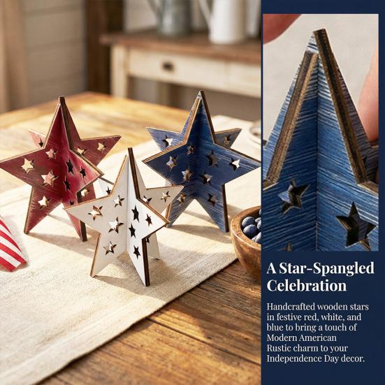 Wooden Independence Day Ornament, 3D Spliced Stars Red White Blue Patriotic Decoration, Fourth of July Decoration