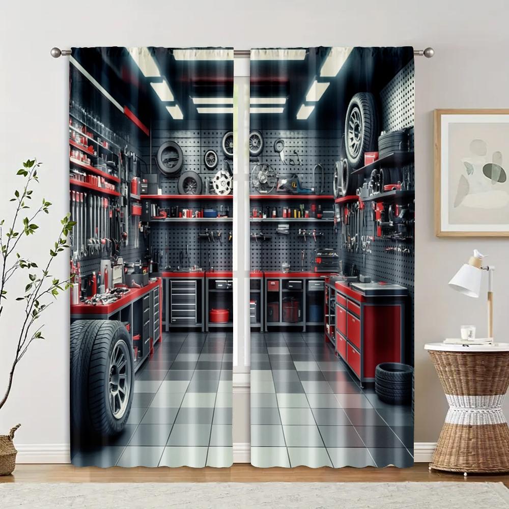 2pcs, Curtains Digital Printed Garage Tools Workshop Versatile 100% Polyester (without rod) Holiday Ldeal for Living Room and