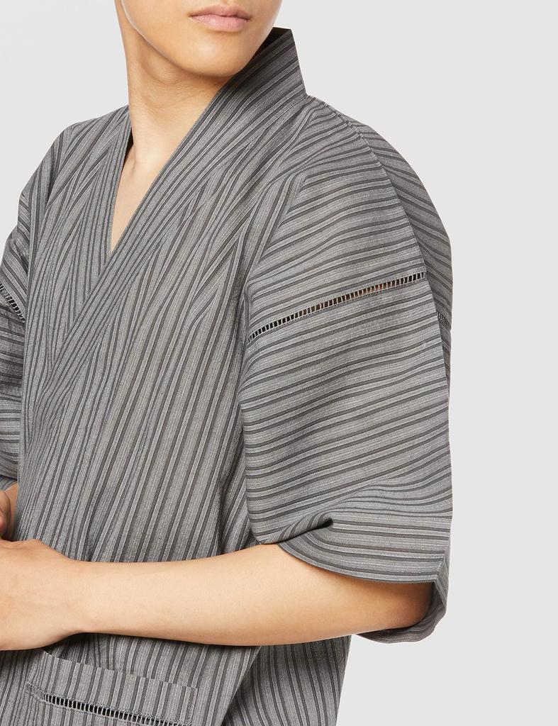 Comme Ca Men's Shijira Stripe Jinbei (with name tag and pocket), Gray, Size M (Japan M)