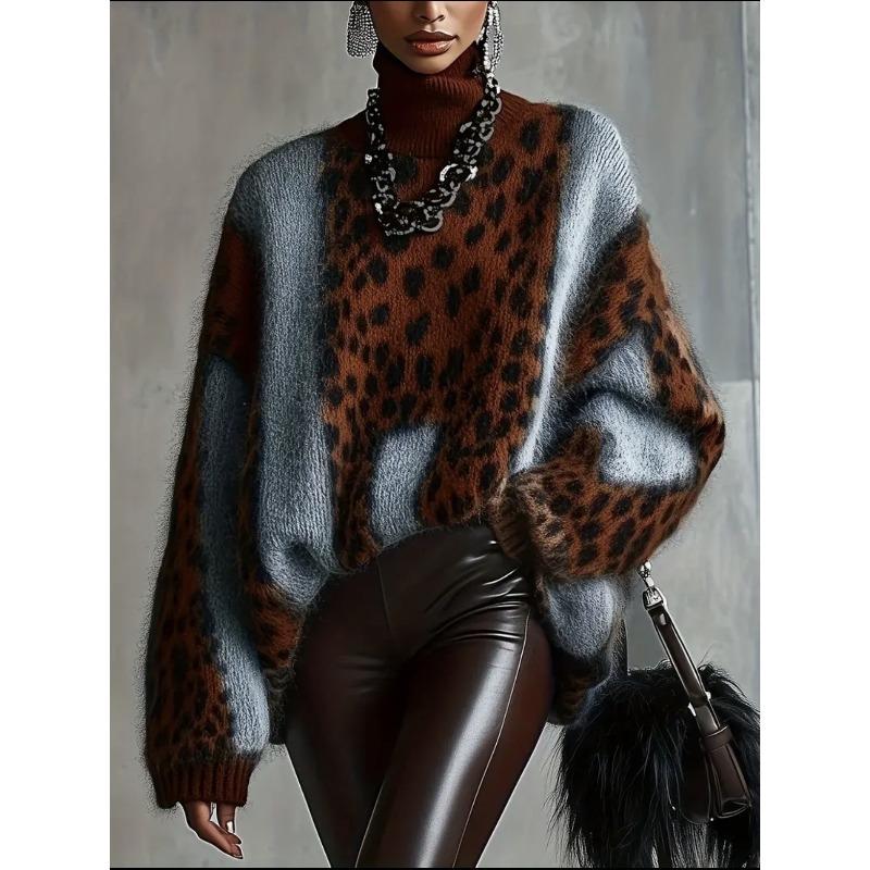 VEZFAA Women's Fashion Casual Fall Winter Leopard Print Long Sleeve High Neck Sweaters