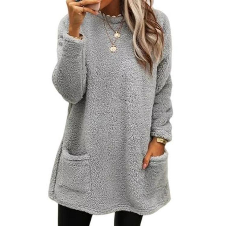 Warm Winter Hoodie Jacket Stylish Women Mid-length Fleece Shearling Thickened Solid Color Pocket Outwear