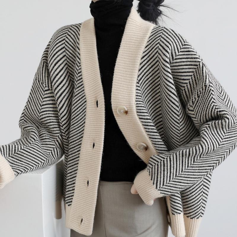 Chic Retro Knitted Cardigan Women's Sweater Striped Long Sleeve Loose Women Sweaters Jacket Outerwear Lazy Style Elegant Button Knitwear Coats 25453