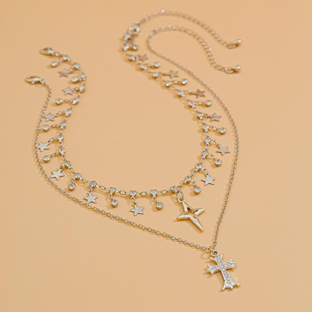 European and American sweet and cool short cross star collarbone choker dark gothic rhinestone tassel necklace for women