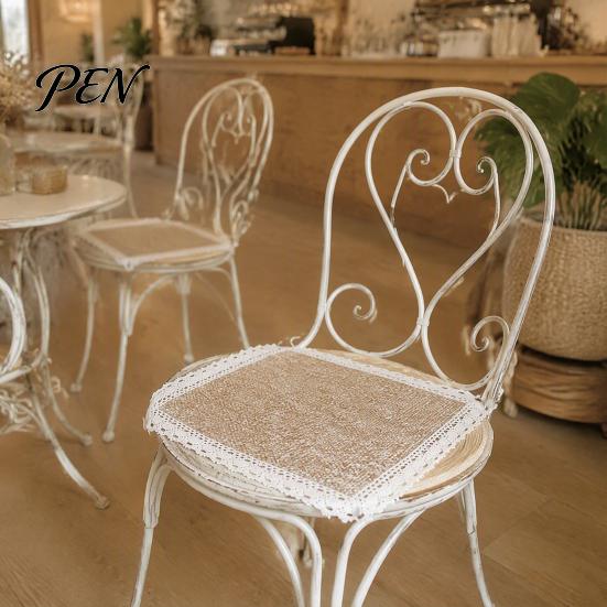 Durable Kitchen Chair Pad Cotton Linen with Ties, Square Summer Seat Lace Rattan Trim, 15.75" X Breathable Washable Mat for Dining Office Protective