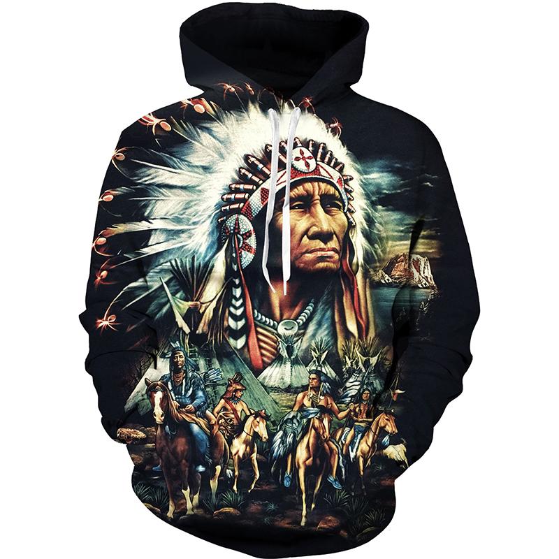 Colorful Jungle Chief Fleece Sweatshirt, Men's Thick Warm Hooded Pullover, Rich Scenic Native Chieftain Motif Hoodie for Artistic Street Matching