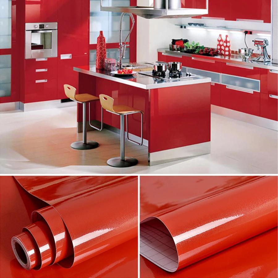 Bright Red Waterproof Wallpaper Old Furniture Refurbished Stickers Kitchen Cabinets Self-Adhesive Solid Color Wall Paper