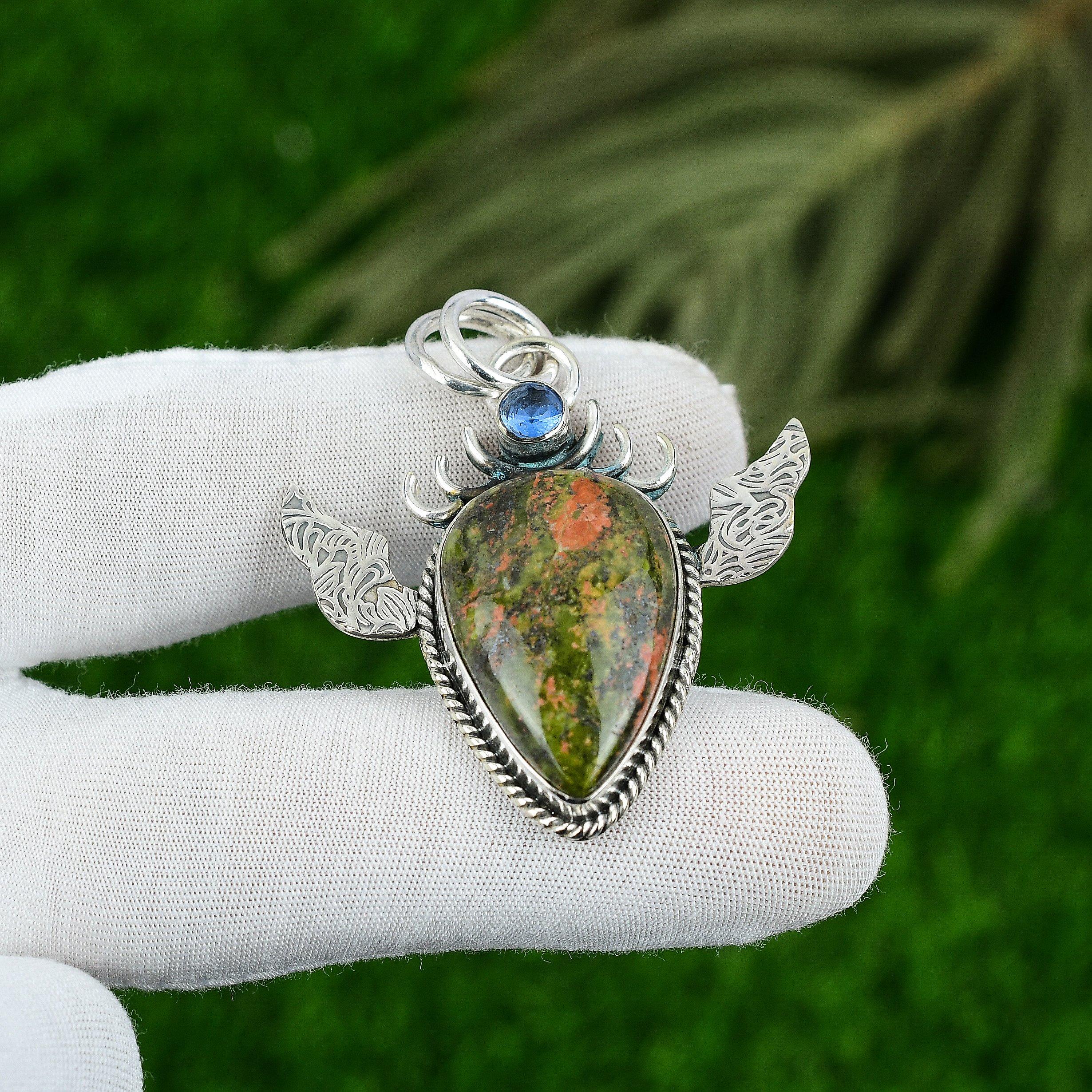 925 Sterling Silver Natural Unakite Topaz Anniversary Art Deco Wedding Pendant