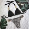 Women's Two Piece Bikini Set Metal Accent Halter Neck Backless Design Adjustable Straps Swimwear Beachwear