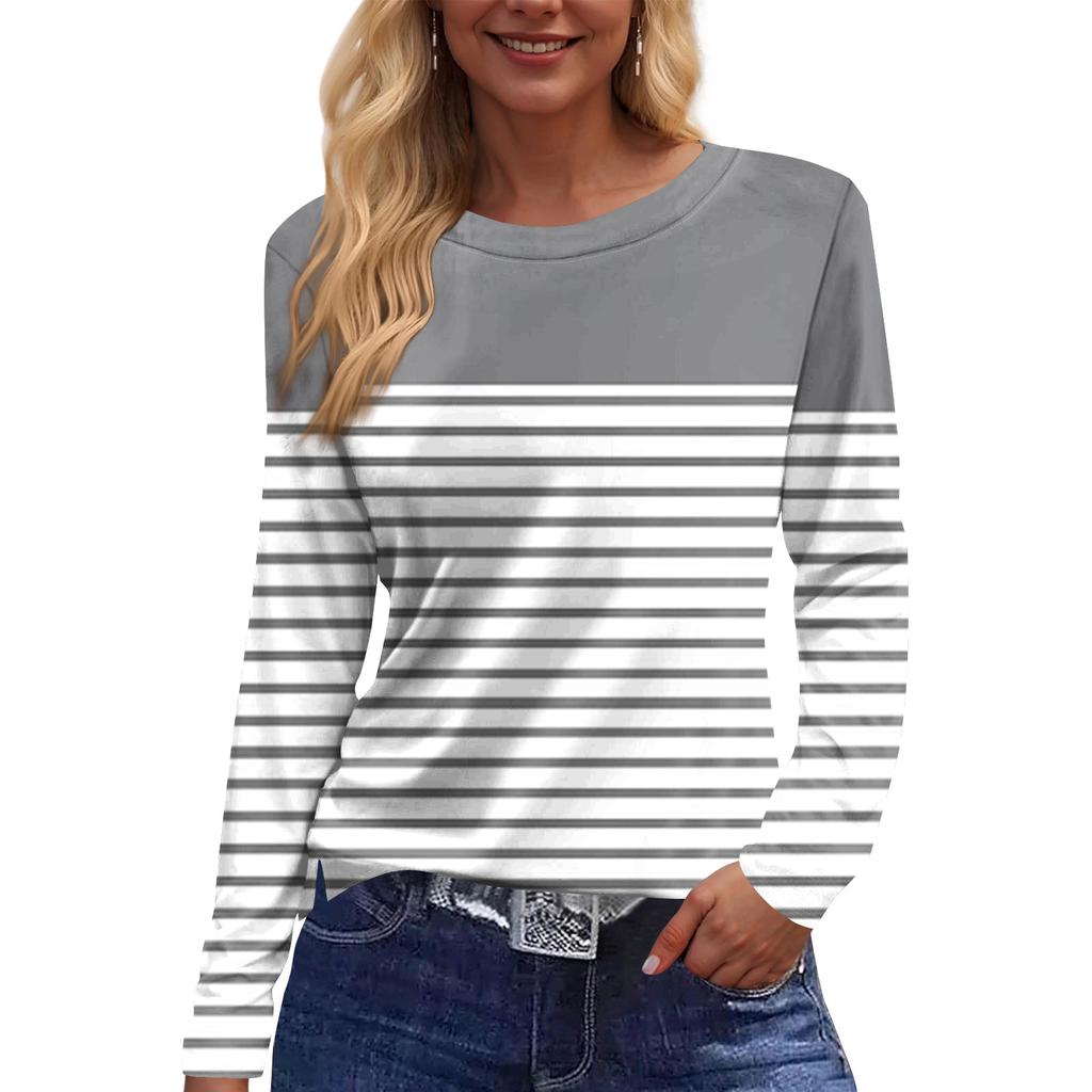 Women's Fashion Hem Slit Casual Striped Printed Round Neck Long Sleeve Top