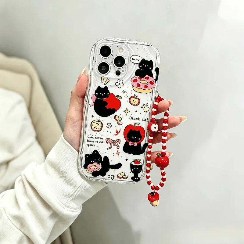 Cute Cat With Apple Fruit Chain Case For Google PIXEL 7 8 9 10 Pro XL 7A 8A Soft Silicone Wave Side Cartoon Cover