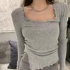 Women's Gray Long-Sleeve Tight Fit Short T-Shirt, Autumn 2025 Fashion.