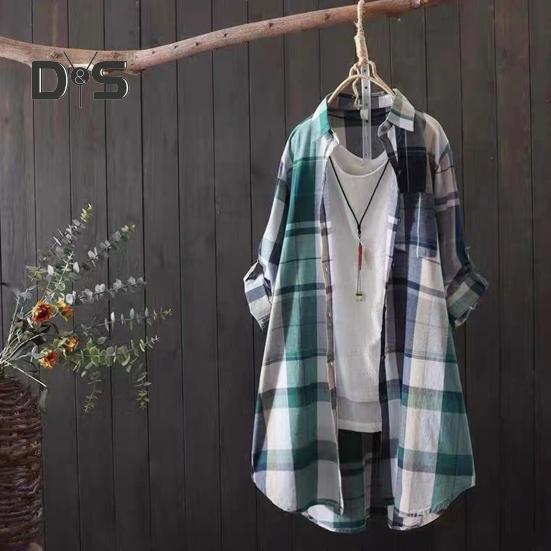 Cămașă pentru femei, cu rever, cu mânecă lungă, cu imprimeu în carouri, cu buzunar, cămașă cu un singur piept de lungime medie