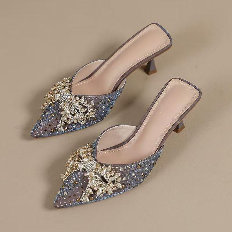 Temperament High Heels Summer New Pointy Head Shallow Mouth Glitter Butterfly Knot Set Foot Anti-slip Wear-resistant High Heels