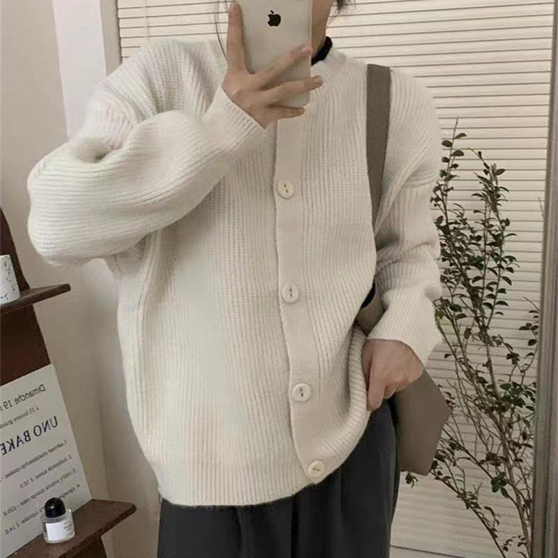 Korean version of lazy wind solid color knitted cardigan women s clothing 2025 autumn and winter new retro soft waxy crew neck sweater jacket One Size