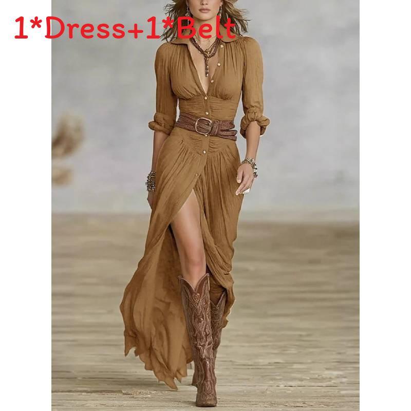 Elegante Vintage Franse Stijl V-hals Jurk met Tailleband en Lange Mouwen voor Kantoor en Casual