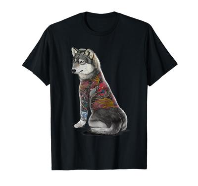Camiseta Tatuagem Tradicional Japonesa Dragão Lobo Cinzento Irizumi