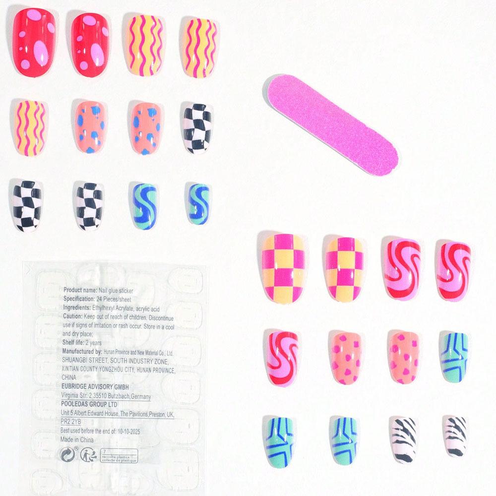 24pcs Elliptical Geometric Plaid Western Style Fake Nails With Colorful Geometry Print For Fashionable Girls Press On Nails Nail Supplies