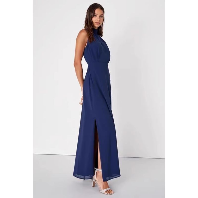 

European and American Single High end Texture Lu Home Chiffon Elegant Fashion Stand Collar Guest dresses Split Socialite Party Jumpsuit Long dress Dark Blue M