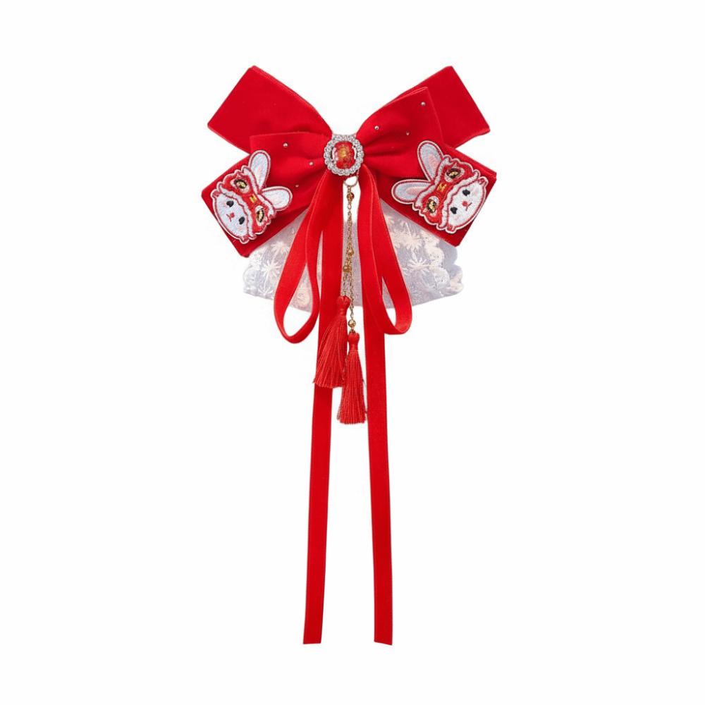 Red New Year Hairpin Tassel Hanfu Hair Ornamen Sweet Bow Ribbon Hair Clip  Braid
