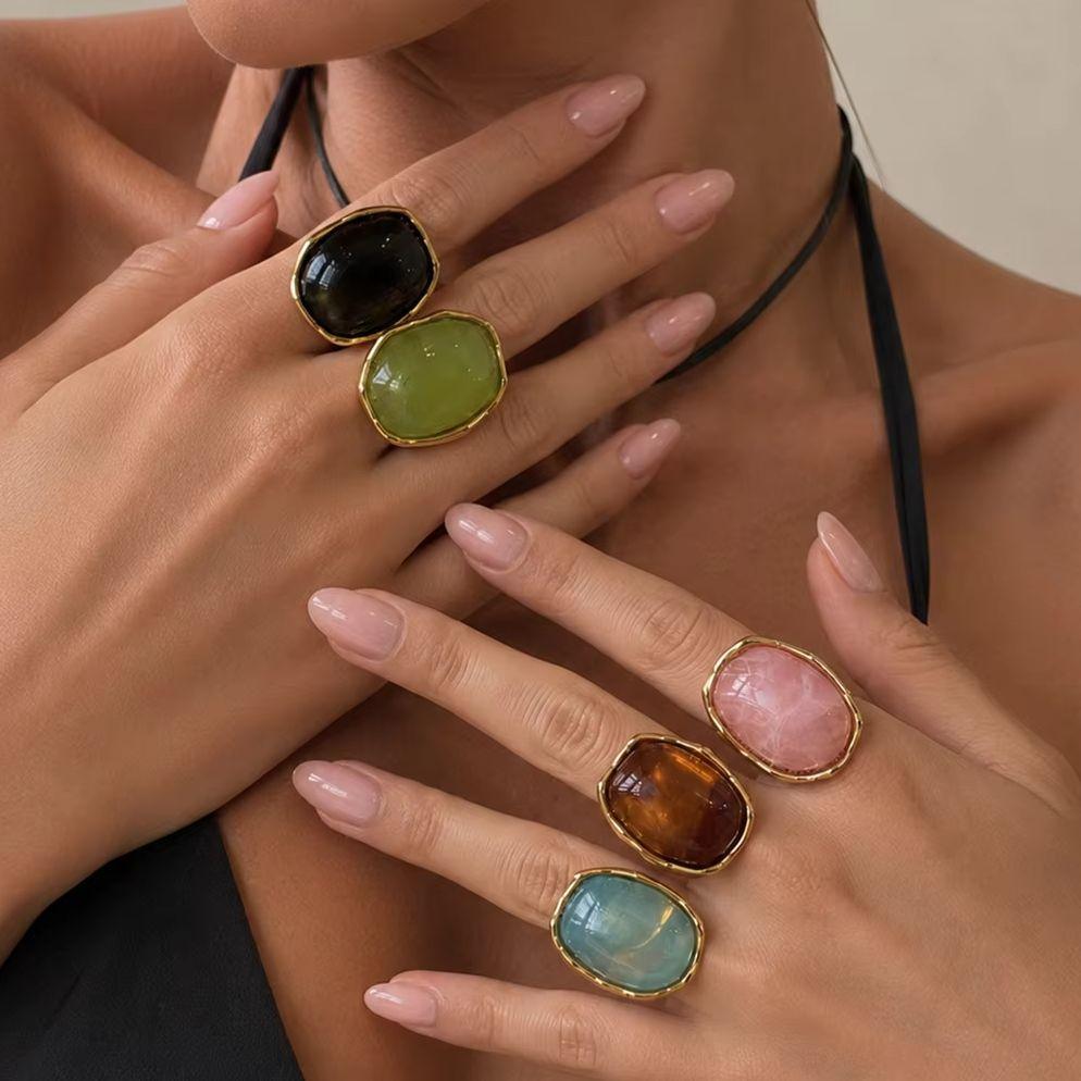 KunJoe Exquisite Multi-Color Acrylic Resin Adjustable Ring Women 18K Gold Plated Stainless Steel Rings Summer Waterproof Jewelry