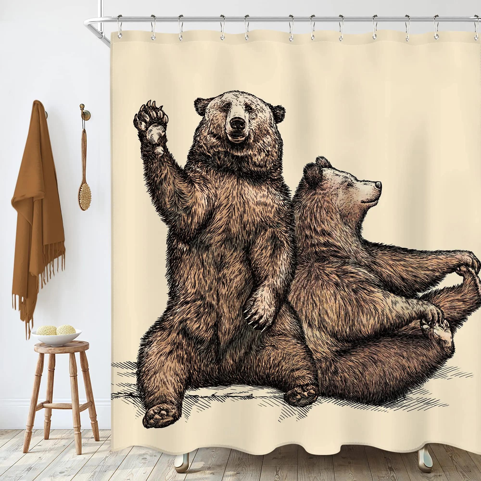 

Bear Head Shower Curtain Cartoon Animals Lovely Brown Teddy Bear Striped Stars Girls Children Nursery Modern Bathroom Decor Sets W90xH180cm