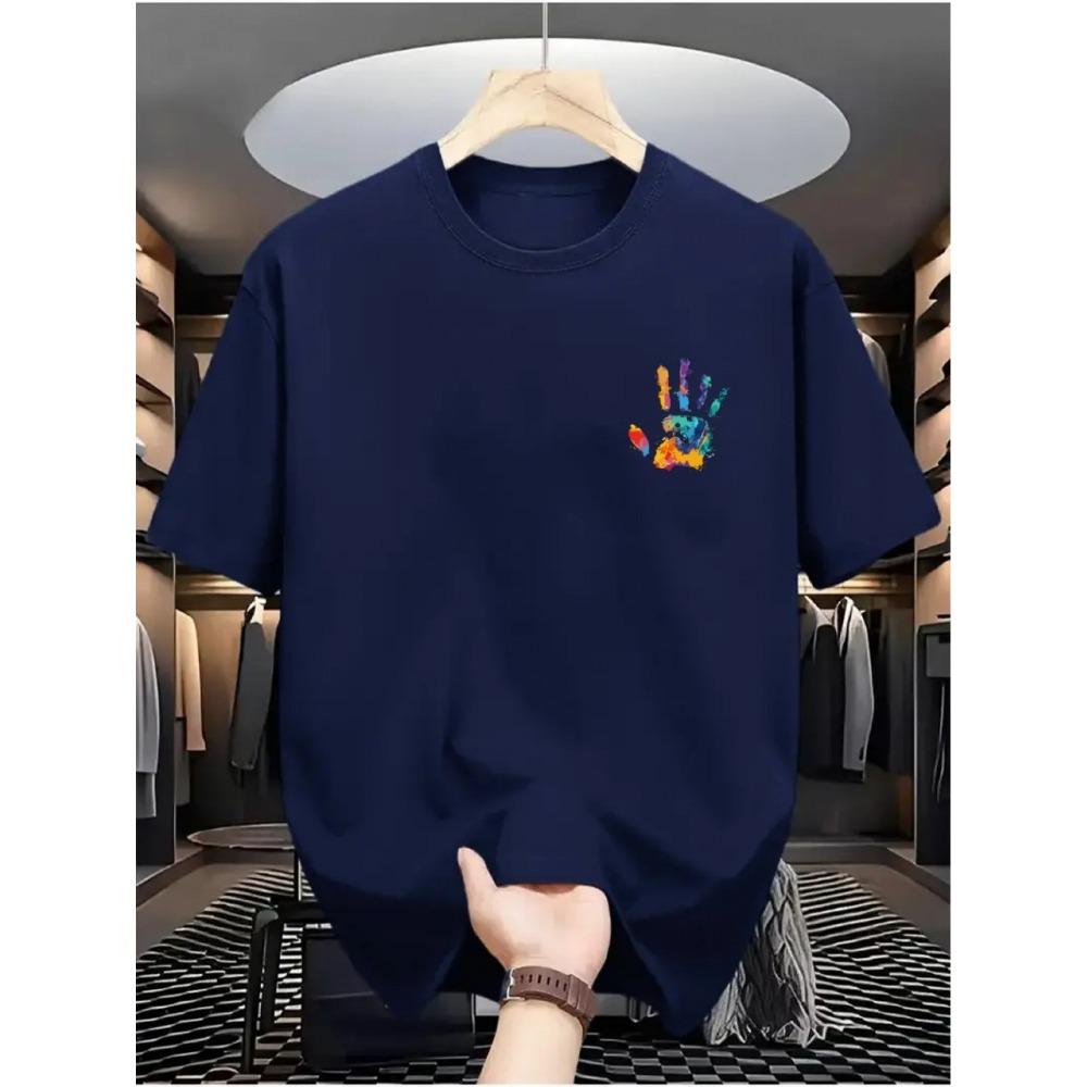 Men's Summer Cotton Casual Fashion Painted Handprint Print Loose Sports Round Neck Short Sleeved T-shirt