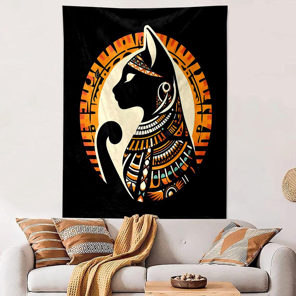 Egyptian Cat Silhouette Patterned Tapestry Decorative Wall Hanging, Home Bedroom Living Room Decor