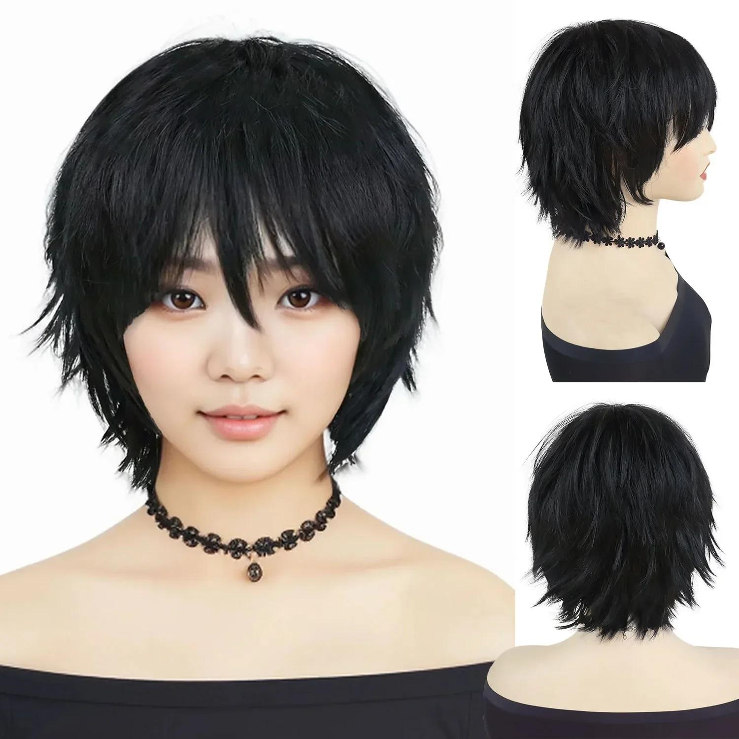 

Короткие черные парики для женщин, синтетические волосы, парик для косплея с челкой, лохматые кудрявые прически, аниме, костюмная вечеринка, парик на Хэллоуин, натуральный as the picture-