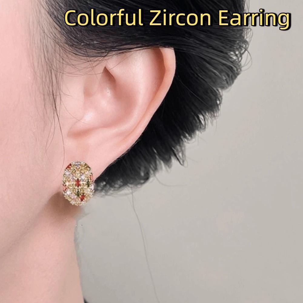 Oval Shape Colorful Zircon Earring Copper Gilding Ear Drop Simple Ear Jewelry  Women