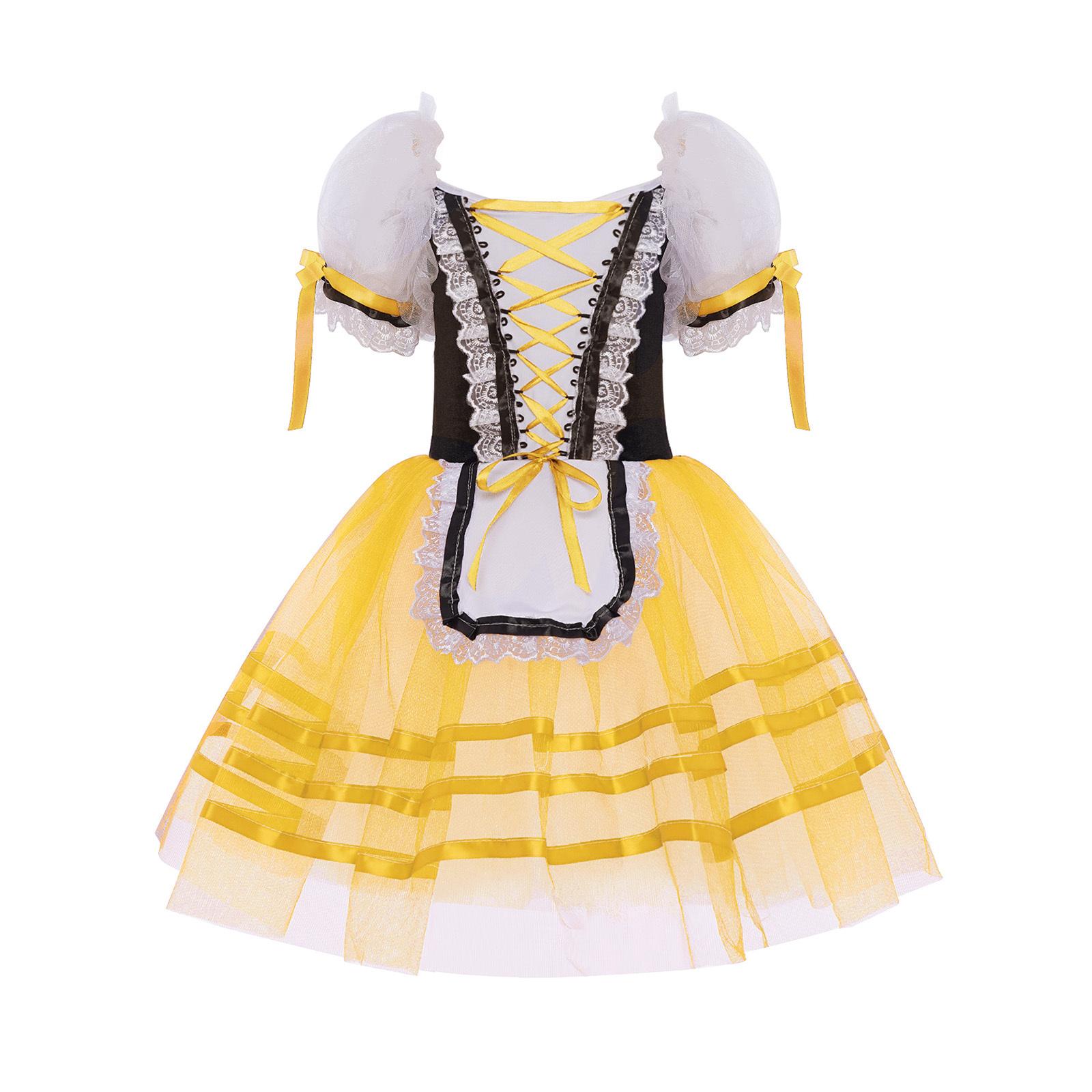 

Kids Girls Recital Tutu Dress: Puff Sleeves Lace Trim Velvet Patchwork Bodice Lace-up Layered Skirt for Stage Performance 9-10 Years жовтий