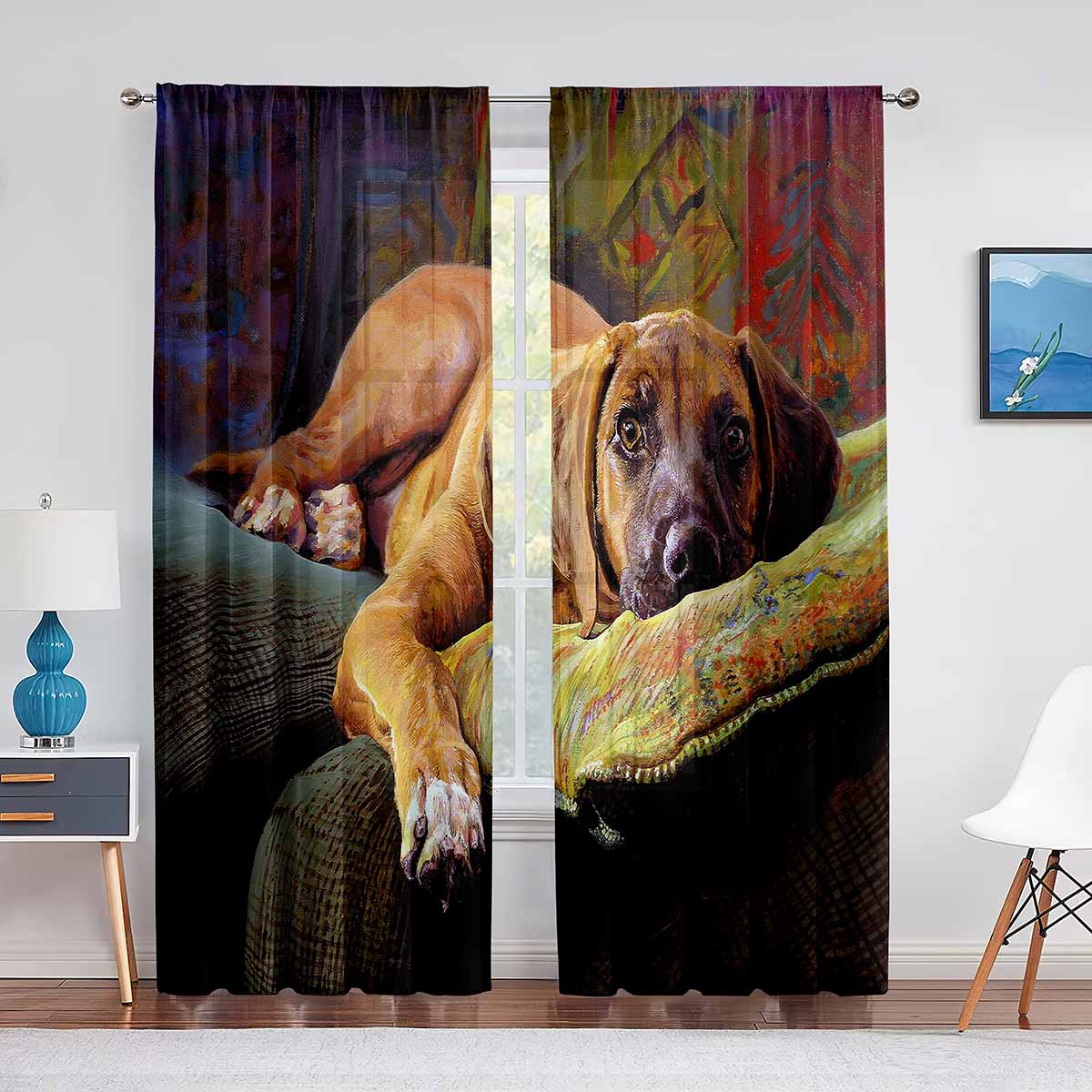 Pintura al Óleo Abstracta Divertida de Perro Cortina de Tul Colorida para Mascotas para Decoración de Sala de Estar Dormitorio Cortina de Ventana de Gasa Transparente 1 PCS W100XH250cm&Rod Pocket