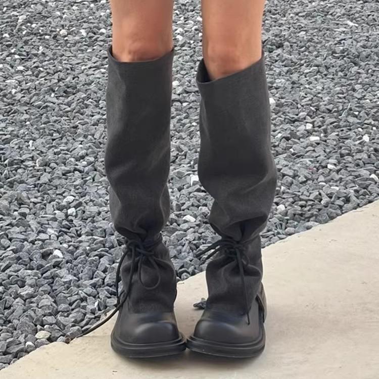 2025 autumn and winter new thick heel high heel boots straps thin big tube circumference black boots long tube knight fashion boots