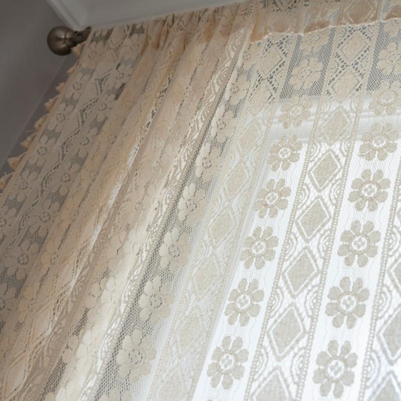 American Style Hollowed Out Beige Flower Fringe Curtain Finished Free Perforated Rod Pocket Bedroom Living Room Curtains