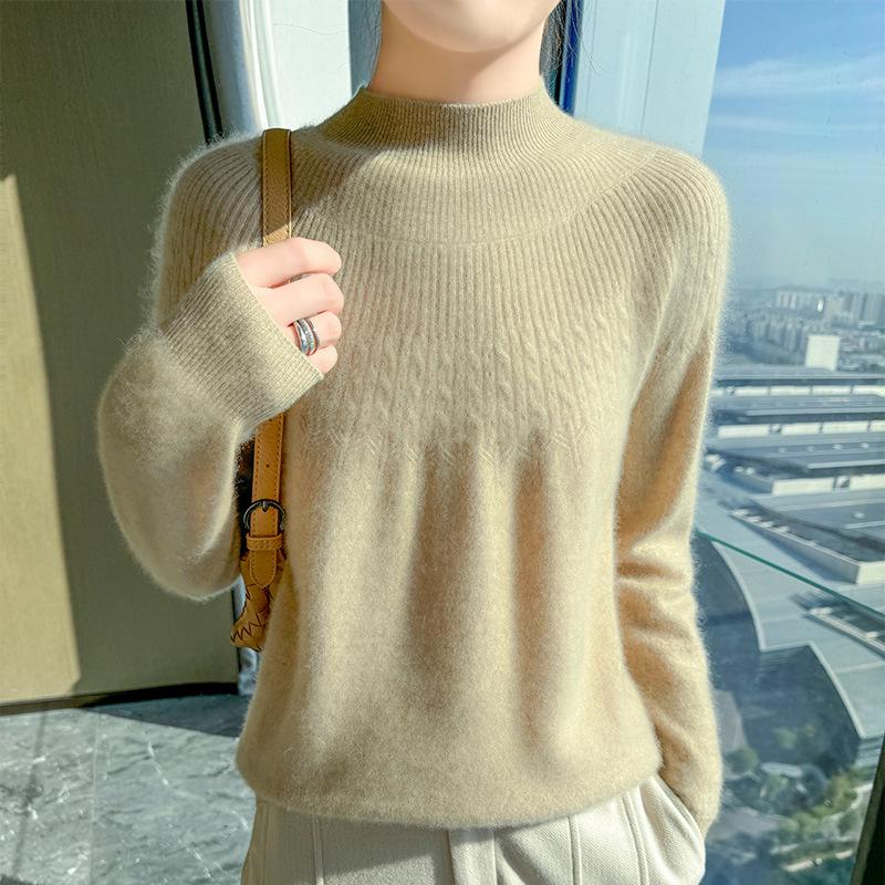 2024 Autumn/Winter Women's Thick Wool Knitwear: Solid Color Jacquard Half-Turtleneck Loose Base Layer Sweater