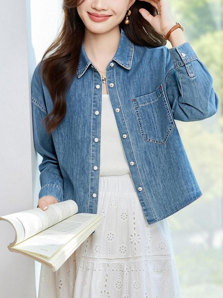 Women's Long Sleeve Denim Blue Shirt Jacket - Spring 2026 Retro British Style with Thickened Lapel
