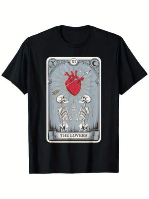 The Lovers Tarot Skeleton Heart Graphic Cotton T-Shirt Unisex Casual Short Sleeve Daily Tee