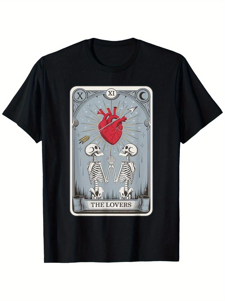 The Lovers Tarot Skeleton Heart Graphic Cotton T-Shirt Unisex Casual Short Sleeve Daily Tee