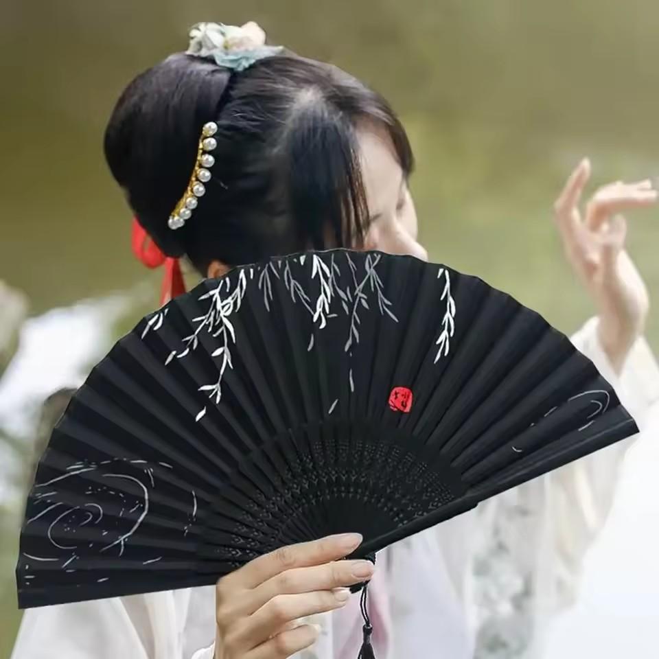 Summer Flower Bird Print Folding Fan Chinese Style Retro Tassel Bamboo Hand Held Fan Dancing Perform Decoration Craft Faux Fans