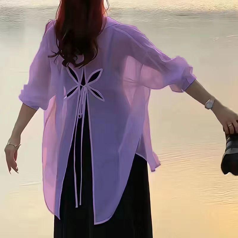 Korean Style Women's Long Sleeve Cutout Lace-Up Casual Shirt