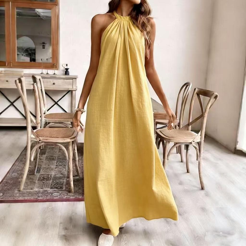 European and American summer new solid color loose fashion neck dress vacation dress